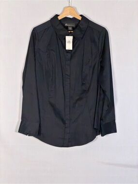 NWT Lane Bryant Shirt Womens Plus Size 16 Black Stretch Cotton Button Front Care